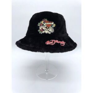 NWT ED HARDY Love Kills Slowly Black Faux Fur Bucket Hat Skull Tattoo Heart Y2K